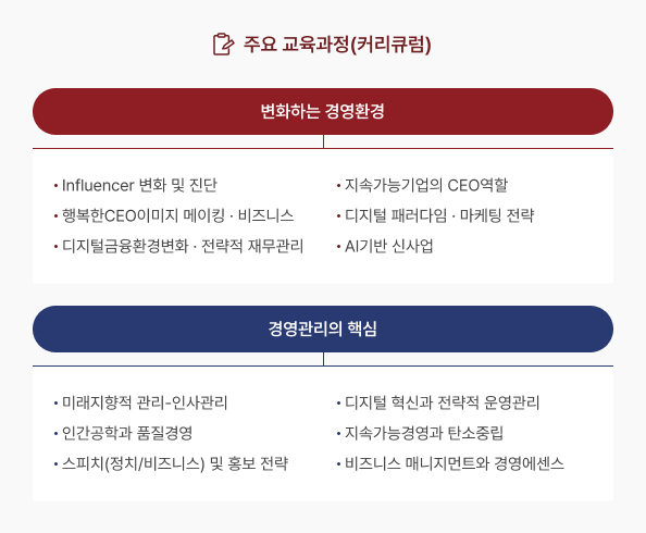 주요 교육과정(커리큐럼)변화하는 경영환경 - Infliencer 변화 및 진단, 지속가능기업의 CEO 역할, 행복한CEO 이미지 메이킹·비지니스, 디지털 패러다임·마케팅 전략, 디지털금융환경변화·전략적 재무관리, AI기반 신사업 경영관리의 핵심 - 미래지향적 관리-인사관리, 디지털 혁신과 전략적 운영관리, 인간공학과 품질경영, 지속가능경영과 탄소중립, 스피치(정치/비지니스) 및 홍보 전략, 비지니스 매니지먼트와 경영에센스