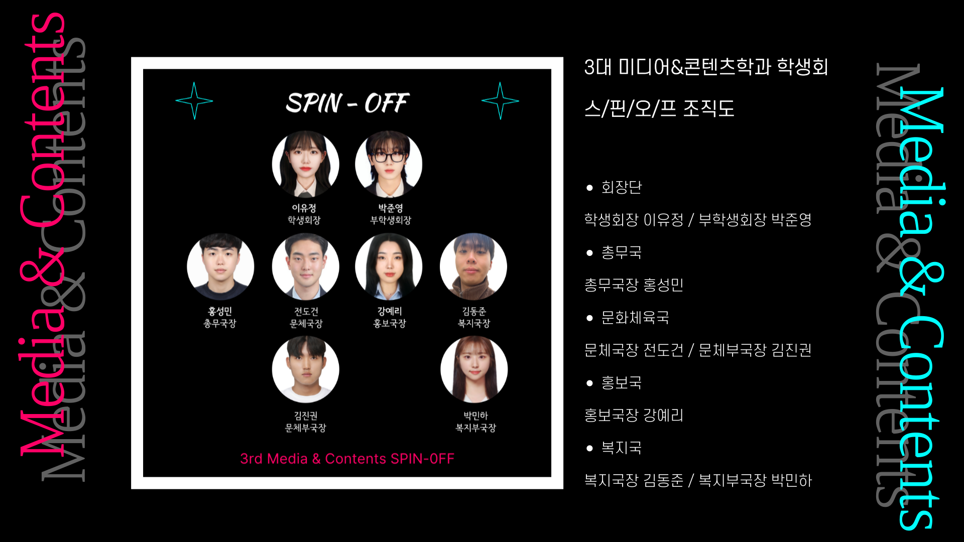 미디어&콘텐츠학과 스핀오프 조직도 이미지입니다. 자세한 내용은 하단을 참고해주세요.
